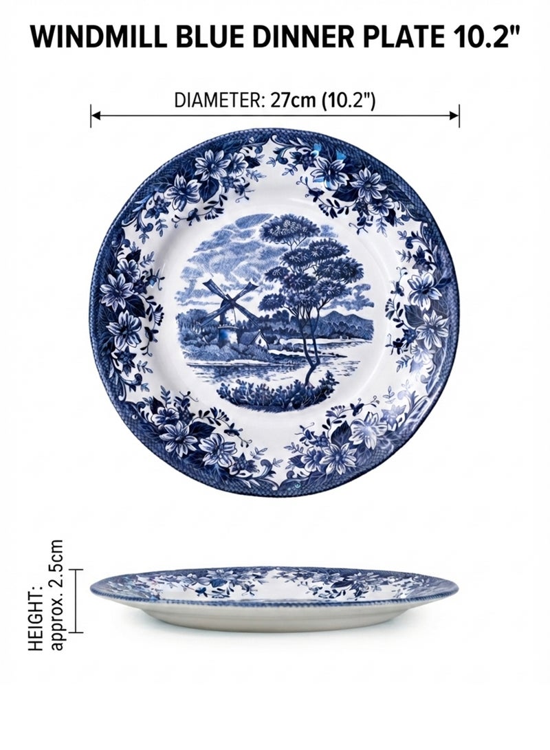 Claytan Earthenware Classic Blue Windmill & Floral Pattern Dinner Plate, 10.2 Inch, White (Set of 6)| Premium Dinner Plate for Main Course, Pasta, Rice & Everyday Dining | Vintage Tableware for Home - Image 3