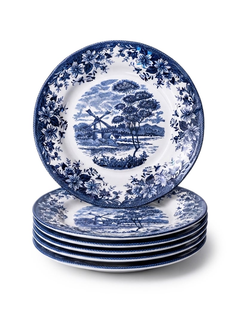 Claytan Earthenware Classic Blue Windmill & Floral Pattern Dinner Plate, 10.2 Inch, White (Set of 6)| Premium Dinner Plate for Main Course, Pasta, Rice & Everyday Dining | Vintage Tableware for Home - Image 1
