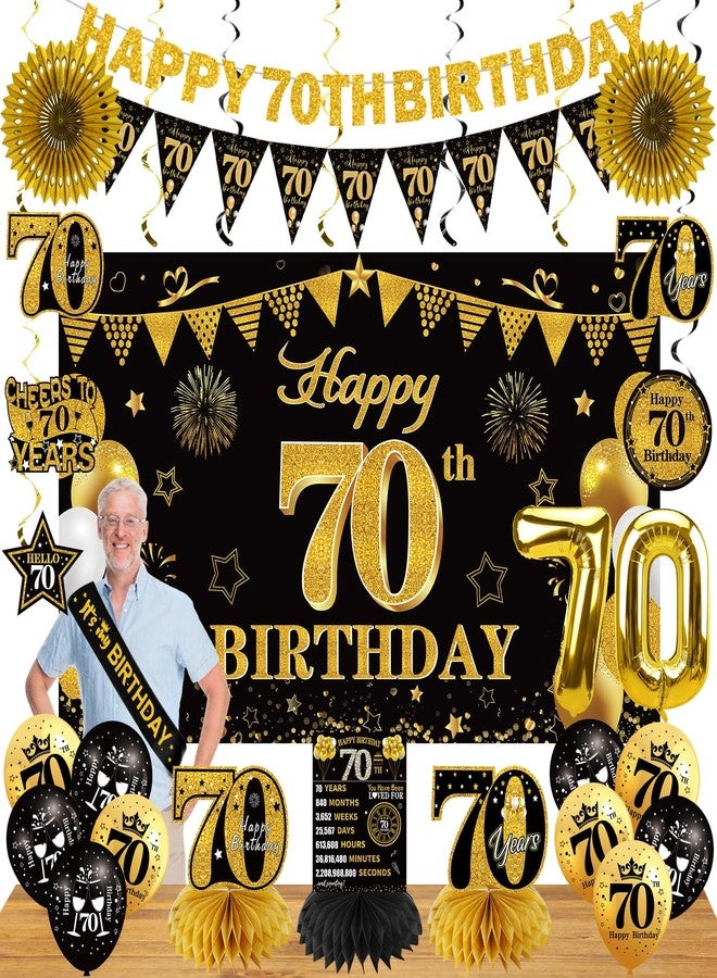 Guiruiy 25PCS 70th Birthday Decorations Kit for Men Women, Black Gold Happy 70th Bday Banner Balloon Centerpieces Swirls Party Supplies, Seventy Years Old Bday Sash Table Topper Swirl Paper Fans Set - Image 1