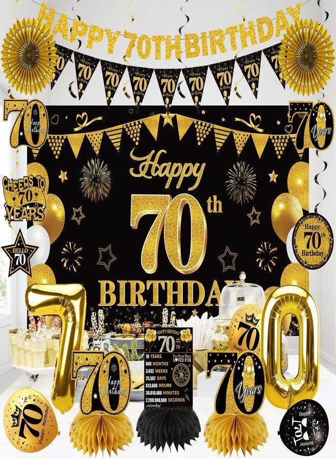 Guiruiy 25PCS 70th Birthday Decorations Kit for Men Women, Black Gold Happy 70th Bday Banner Balloon Centerpieces Swirls Party Supplies, Seventy Years Old Bday Sash Table Topper Swirl Paper Fans Set - Image 5