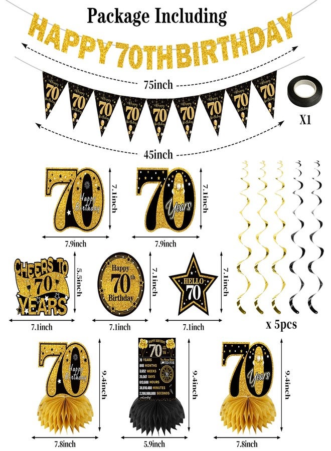 Guiruiy 25PCS 70th Birthday Decorations Kit for Men Women, Black Gold Happy 70th Bday Banner Balloon Centerpieces Swirls Party Supplies, Seventy Years Old Bday Sash Table Topper Swirl Paper Fans Set - Image 2