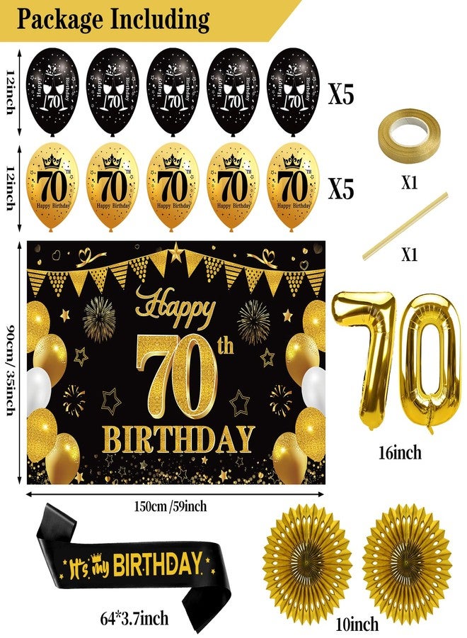Guiruiy 25PCS 70th Birthday Decorations Kit for Men Women, Black Gold Happy 70th Bday Banner Balloon Centerpieces Swirls Party Supplies, Seventy Years Old Bday Sash Table Topper Swirl Paper Fans Set - Image 3