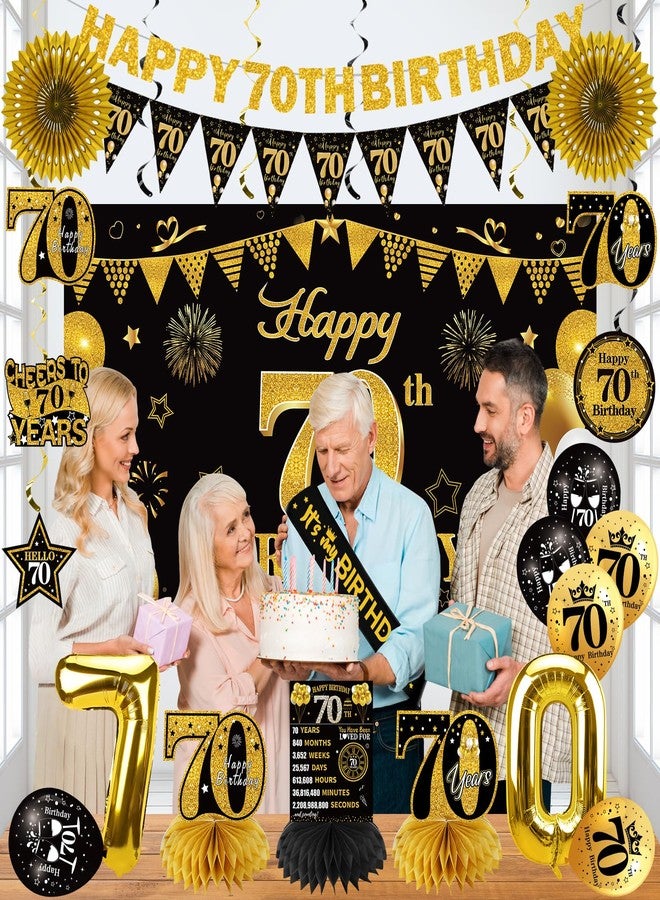 Guiruiy 25PCS 70th Birthday Decorations Kit for Men Women, Black Gold Happy 70th Bday Banner Balloon Centerpieces Swirls Party Supplies, Seventy Years Old Bday Sash Table Topper Swirl Paper Fans Set - Image 4