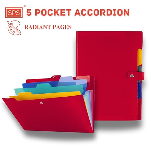 SPS 5 Pocket Expanding File Folder - Fits A4 & Letter Size Document Organizer, Accordion File Folders, File Holder for Office, School & Home Use - Red - Image 2