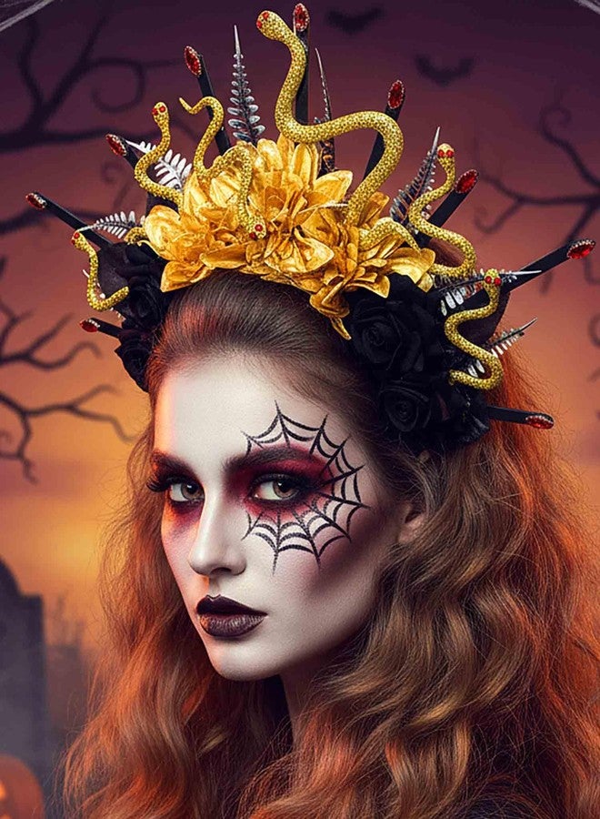 كامبسيس طوق رأس بتصميم ثعبان ميدوسا من كامبسيس للهالوين، طوق رأس ذهبي مزين بالزهور، إكسسوارات شعر قوطية تنكرية ليوم الموتى للنساء - Image 2