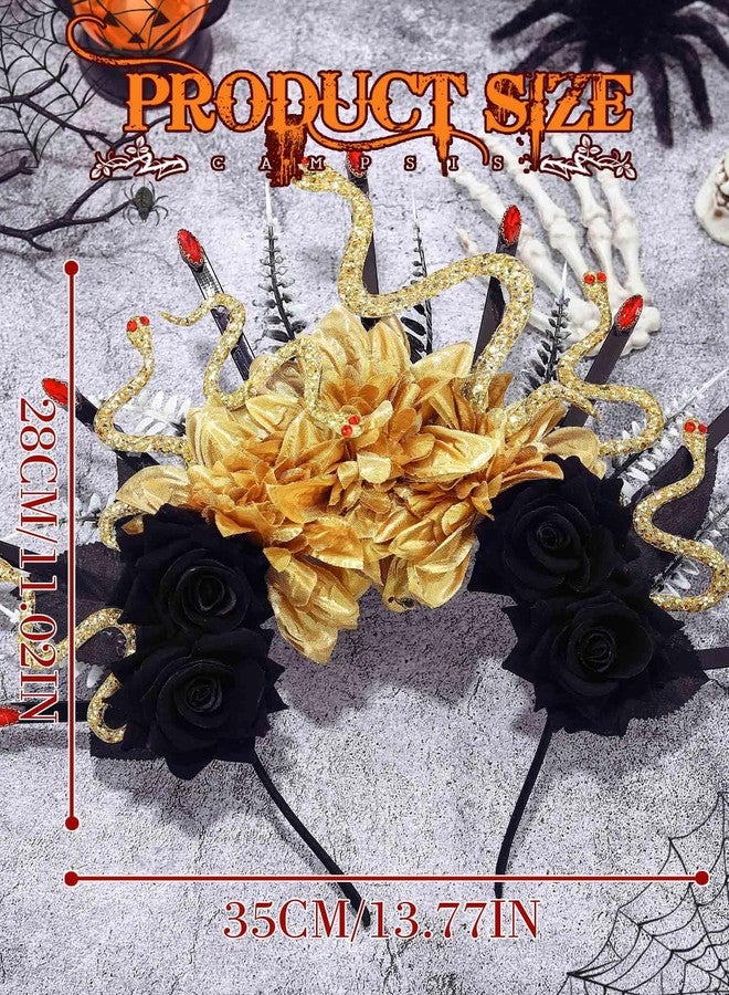 كامبسيس طوق رأس بتصميم ثعبان ميدوسا من كامبسيس للهالوين، طوق رأس ذهبي مزين بالزهور، إكسسوارات شعر قوطية تنكرية ليوم الموتى للنساء - Image 5