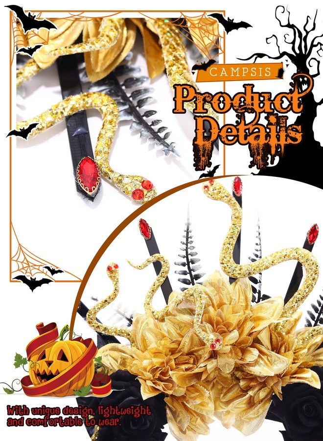 كامبسيس طوق رأس بتصميم ثعبان ميدوسا من كامبسيس للهالوين، طوق رأس ذهبي مزين بالزهور، إكسسوارات شعر قوطية تنكرية ليوم الموتى للنساء - Image 3