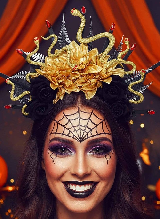 كامبسيس طوق رأس بتصميم ثعبان ميدوسا من كامبسيس للهالوين، طوق رأس ذهبي مزين بالزهور، إكسسوارات شعر قوطية تنكرية ليوم الموتى للنساء - Image 1
