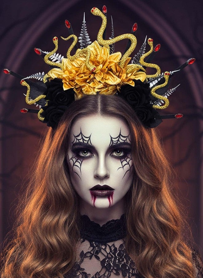 كامبسيس طوق رأس بتصميم ثعبان ميدوسا من كامبسيس للهالوين، طوق رأس ذهبي مزين بالزهور، إكسسوارات شعر قوطية تنكرية ليوم الموتى للنساء - Image 4