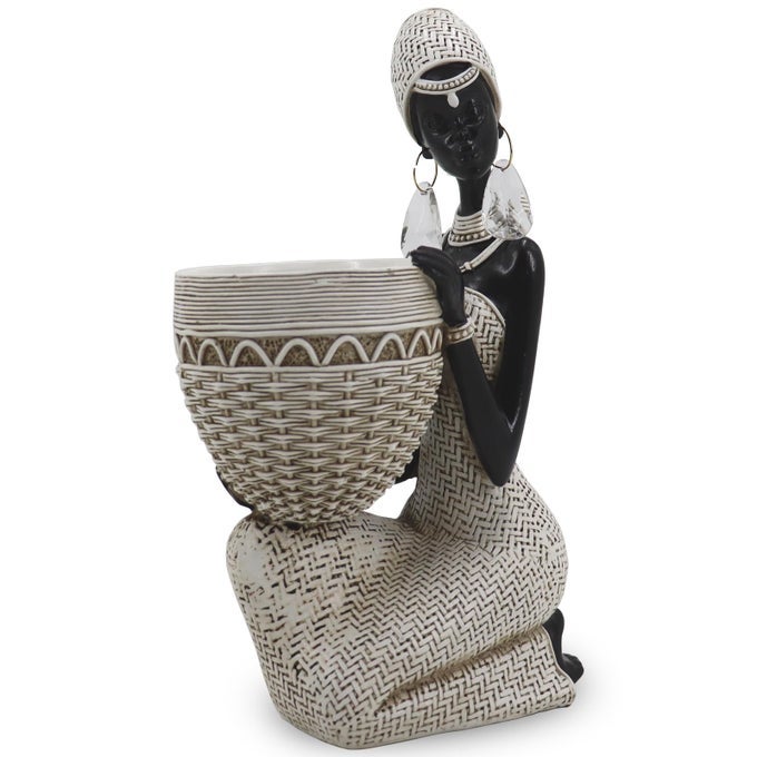 HANDMADE WHITE AFRICAN TRIBAL WOMAN SCULPTURE CRYSTAL EARRINGS BASKET STATUE IVORY RESIN HOME DECOR FOR MODERN SHELVESTABLES ELEGANT HOUSEWARMING GIFT 965 H