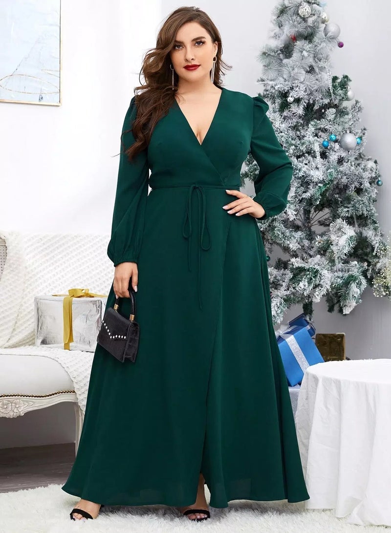 Plus Solid Puff Sleeve Belted Wrap Dress  - Image 1