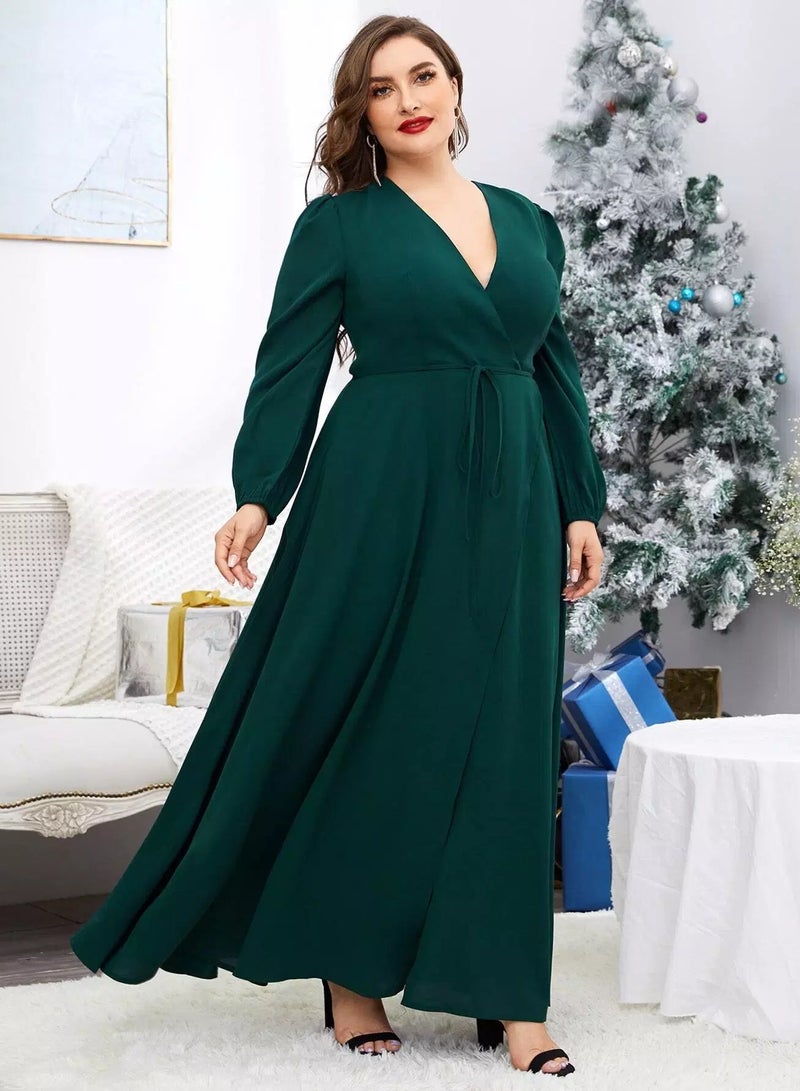 Plus Solid Puff Sleeve Belted Wrap Dress  - Image 3