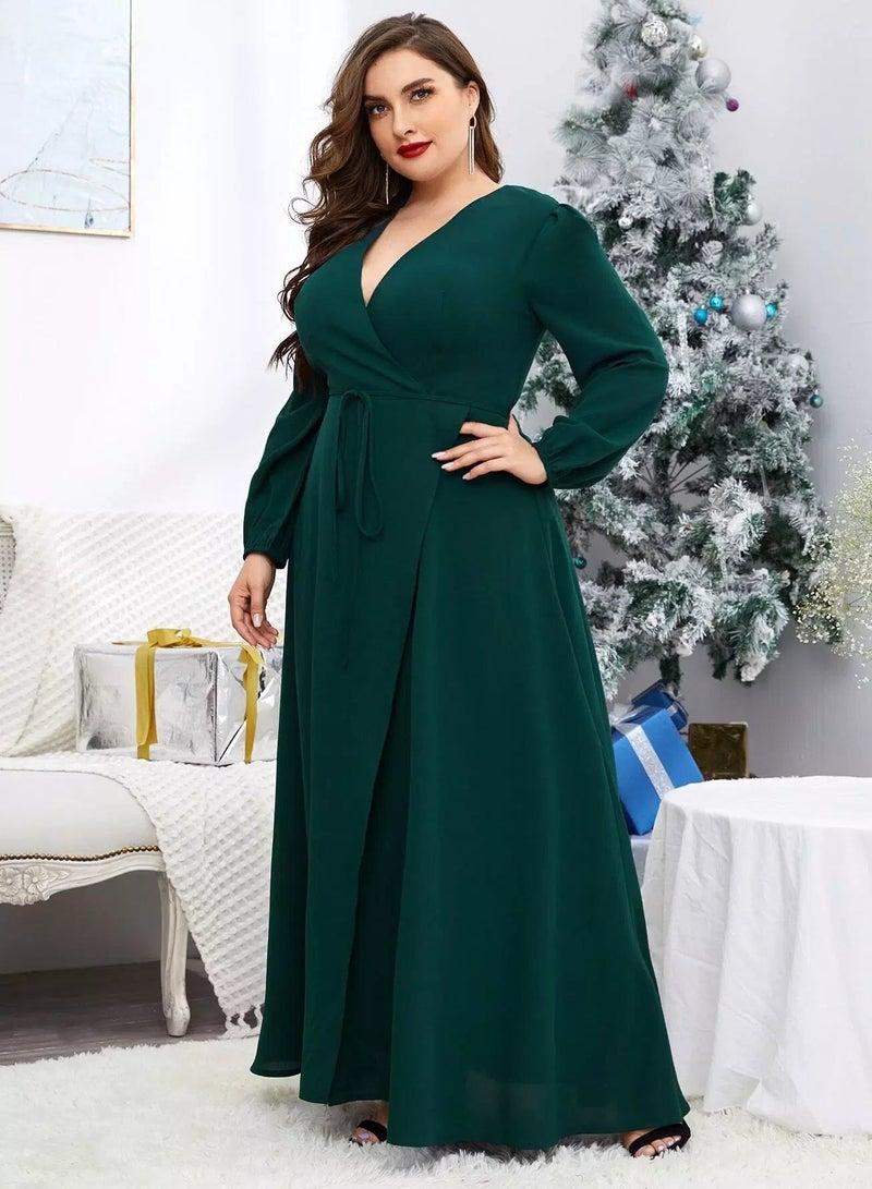 Plus Solid Puff Sleeve Belted Wrap Dress  - Image 5