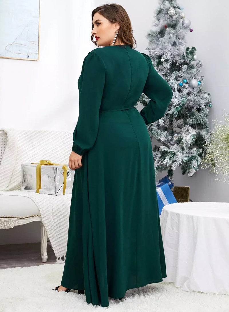 Plus Solid Puff Sleeve Belted Wrap Dress  - Image 2