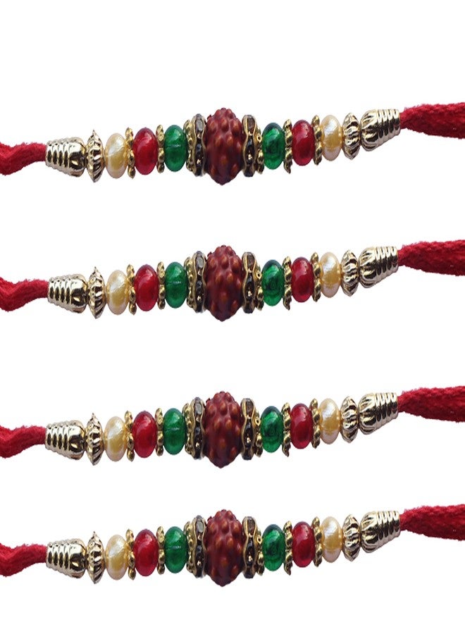 كارتك مجموعة KARTIK Designer Rudraksh Rakhi/مجموعة/عبوة مكونة من 4 قطع دورا/راكي/داغا مع رولي وشوال - Image 1