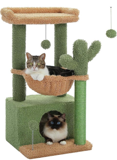 4-in-1 84 cm Cactus Cat Tree, 33''Cat Tower for Indoor Cats with Large Cat Condo, Cat Scratching Post for Cats with Deep Hammock and Cozy Top Perch, Green