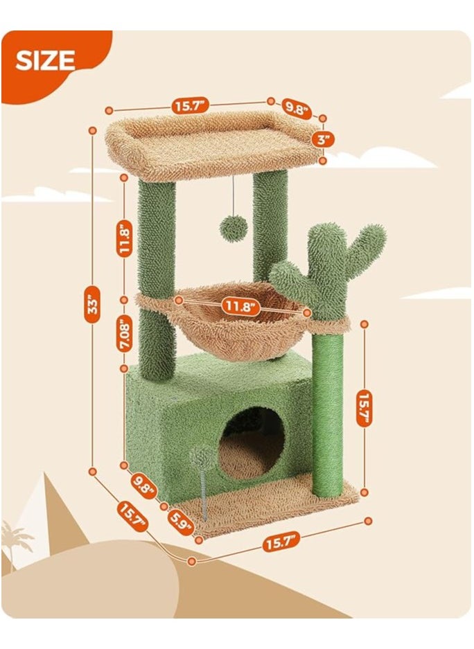 Alissa - 4-in-1 84 cm Cactus Cat Tree, 33''Cat Tower for Indoor Cats with Large Cat Condo, Cat Scratching Post for Cats with Deep Hammock and Cozy Top Perch, Green - Image 1