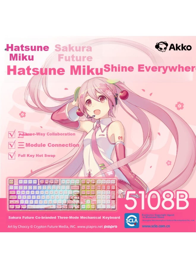 Akko Hatsune Miku Anime Collaboration Esports Gaming Ai Customizable Tri-mode Mechanical Keyboard Full Hot-swappable Keyboard, Milk Blue Switch - Pink Version - Image 1