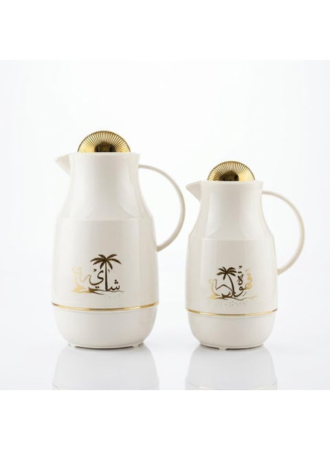 Lavin 2-Piece Premium Thermal Flask Set, Insulated Beverage Carafes with Elegant Arabic Design and Gold Detailing, Gold Screw Lid and Comfortable Handles for Hot & Cold Drinks, 500ML+1L Capacity thermos.