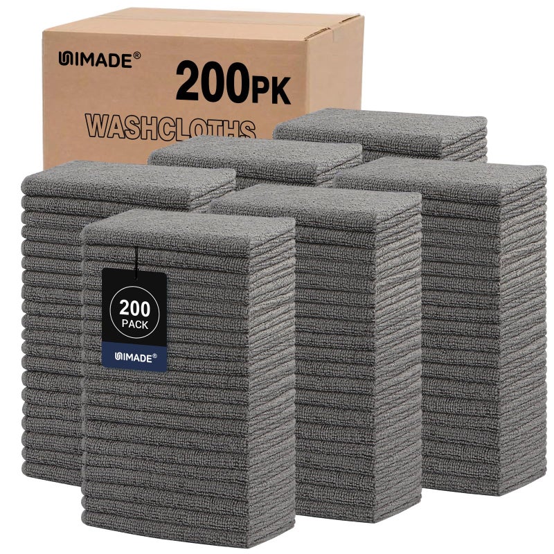 UNIMADE Washcloths Bulk 200 Pack Face Towels 12 x 12 Highly Soft Wash Cloth and Hand Towels Fast Drying MultiPurpose Microfiber Cleansing Cloths for Bathroom Hotel Spa and Salon Grey - Image 2