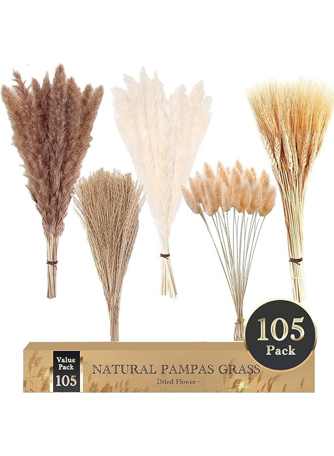 The Bros 105Pcs Natural Pampas Grass Decor, 17in/45cm Dried Flowers for Decoration, Artificial Flower Bouquet for Home Boho Table Decor Accessories, Bohemian Decoration Items for Living Room, Wedding - Image 1