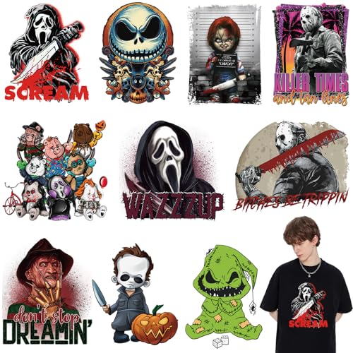 SUMELAY 10 Sheets Halloween Iron on Patches Heat Transfer Vinyl Iron on Decals Horror Movie Characters Sticker for TShirt Clothes Bag Pillow Covers DIY Decorations - Image 1