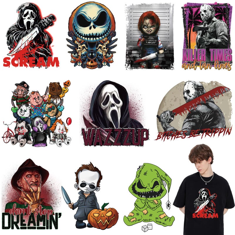 SUMELAY 10 Sheets Halloween Iron on Patches Heat Transfer Vinyl Iron on Decals Horror Movie Characters Sticker for TShirt Clothes Bag Pillow Covers DIY Decorations - Image 3