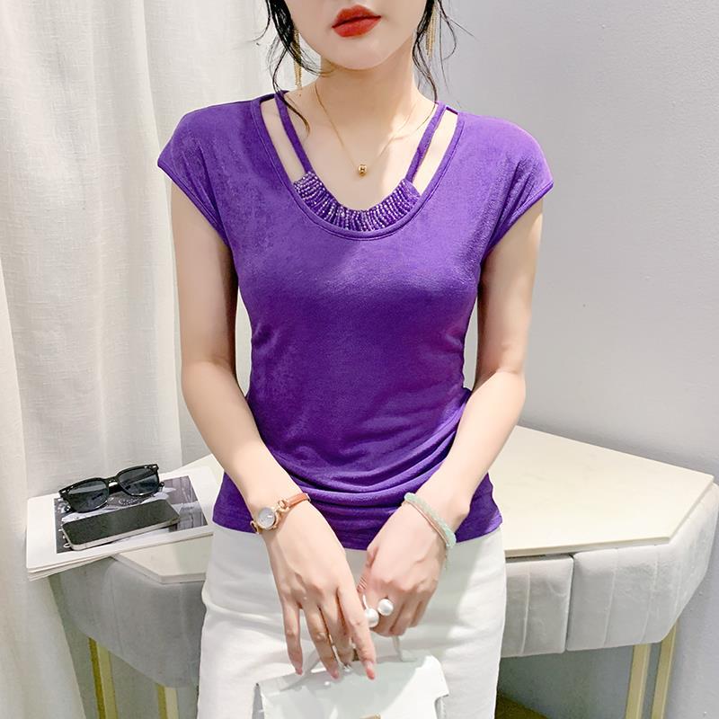 European Spring Round Neck Fashion Slim Fit Pleated Handmade Beaded Sleeveless T-Shirt Women'S Trendy Hair - Image 1