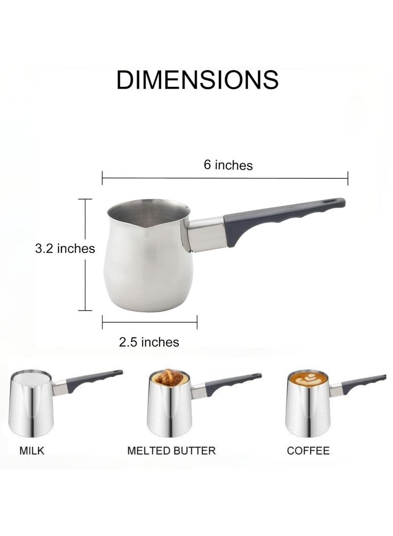 3 قطع من الفولاذ المقاوم للصدأ صانع القهوة العربية وعاء تسخين حليب الشوكولاتة والزبدة والصلصة مع فوهة موقد (200 مل، 400 مل، 600 مل، فضي) (فولاذ بمقبض أسود) - Image 2