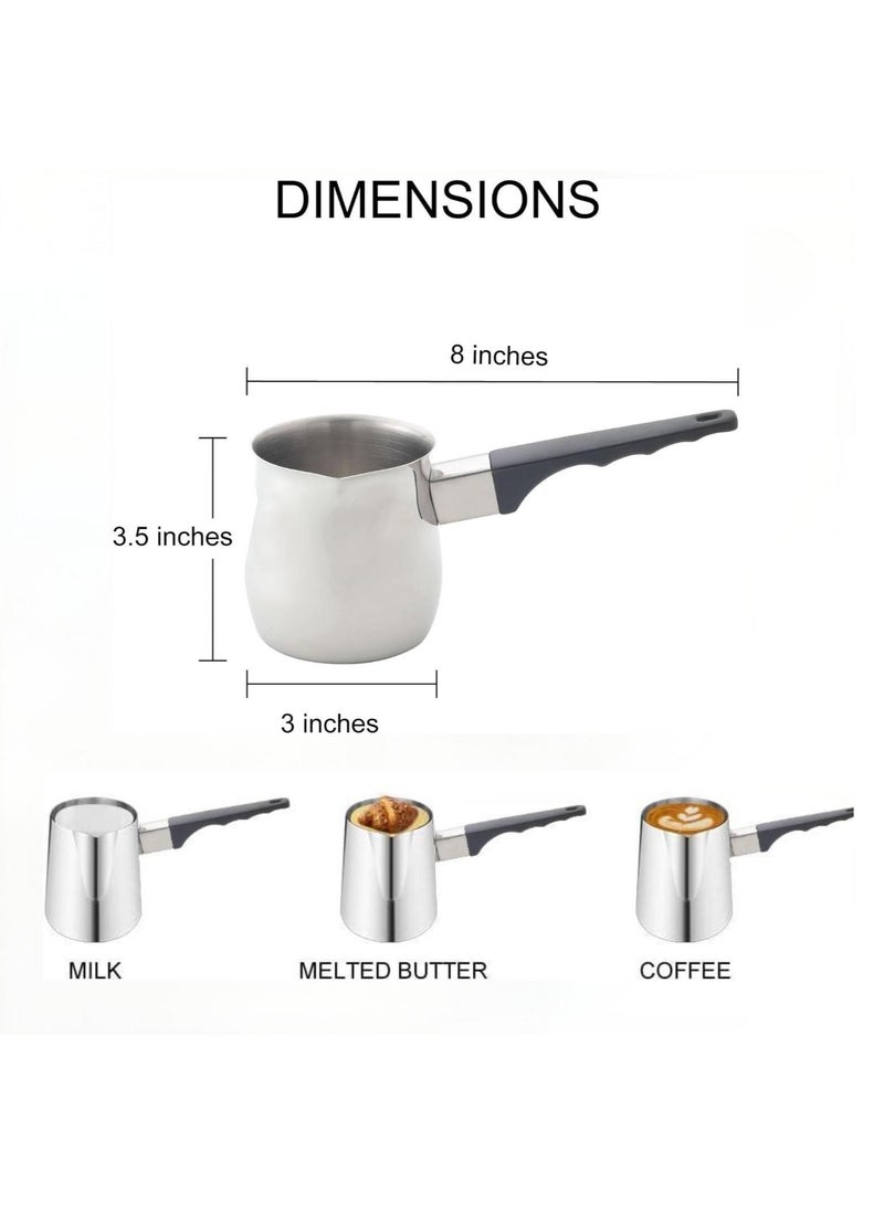 3 قطع من الفولاذ المقاوم للصدأ صانع القهوة العربية وعاء تسخين حليب الشوكولاتة والزبدة والصلصة مع فوهة موقد (200 مل، 400 مل، 600 مل، فضي) (فولاذ بمقبض أسود) - Image 3