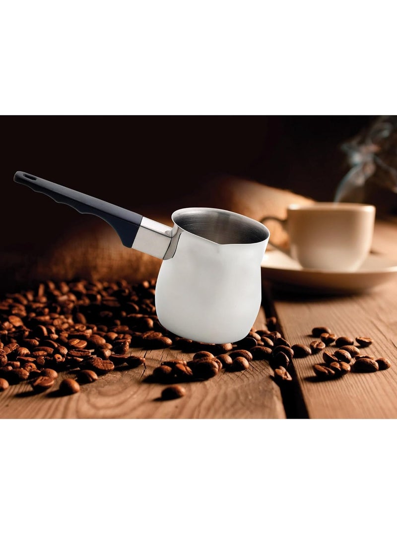 3 قطع من الفولاذ المقاوم للصدأ صانع القهوة العربية وعاء تسخين حليب الشوكولاتة والزبدة والصلصة مع فوهة موقد (200 مل، 400 مل، 600 مل، فضي) (فولاذ بمقبض أسود) - Image 4