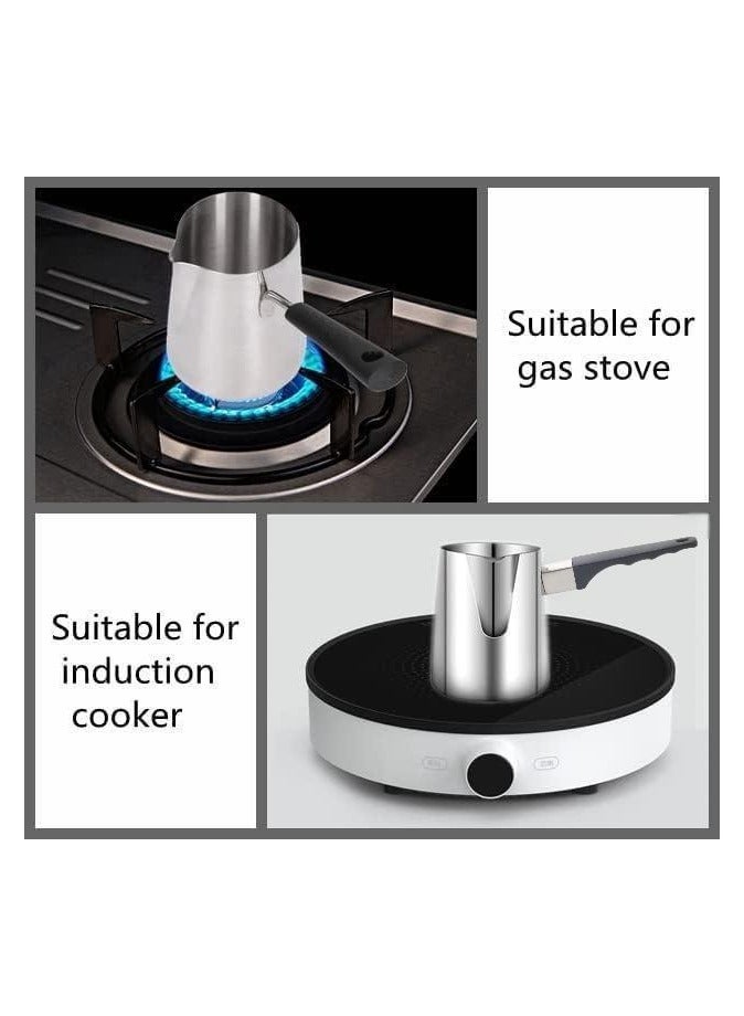 3 قطع من الفولاذ المقاوم للصدأ صانع القهوة العربية وعاء تسخين حليب الشوكولاتة والزبدة والصلصة مع فوهة موقد (200 مل، 400 مل، 600 مل، فضي) (فولاذ بمقبض أسود) - Image 5