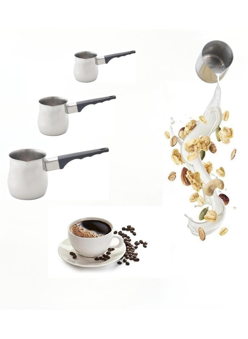 3 قطع من الفولاذ المقاوم للصدأ صانع القهوة العربية وعاء تسخين حليب الشوكولاتة والزبدة والصلصة مع فوهة موقد (200 مل، 400 مل، 600 مل، فضي) (فولاذ بمقبض أسود) - Image 1