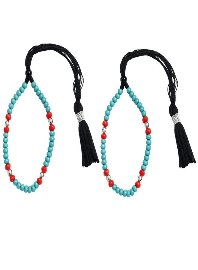 DARSHRAJ 925 Sterling Silver Beads Thread Bracelet | Handmade and Adjustable Boho Wristband | Turquoise & Red Beads with Black Thread Bracelet for Baby Boy | Baby Girls - Image 1