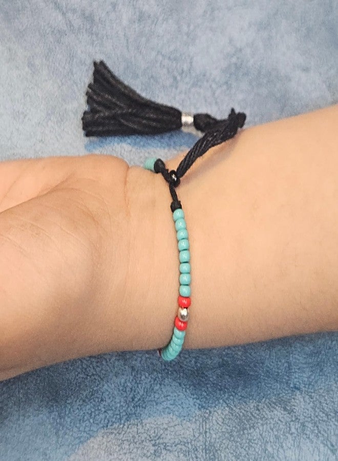 DARSHRAJ 925 Sterling Silver Beads Thread Bracelet | Handmade and Adjustable Boho Wristband | Turquoise & Red Beads with Black Thread Bracelet for Baby Boy | Baby Girls - Image 4