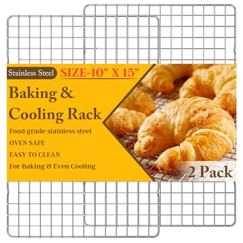 2PCS Cooling Racks for Cooking and Baking 10 x 15Heavy Duty Stainless Steel Wire Rack for Baking Grilling Roasting Oven Dishwasher Safe Fits Jelly Roll Sheet PanSilver