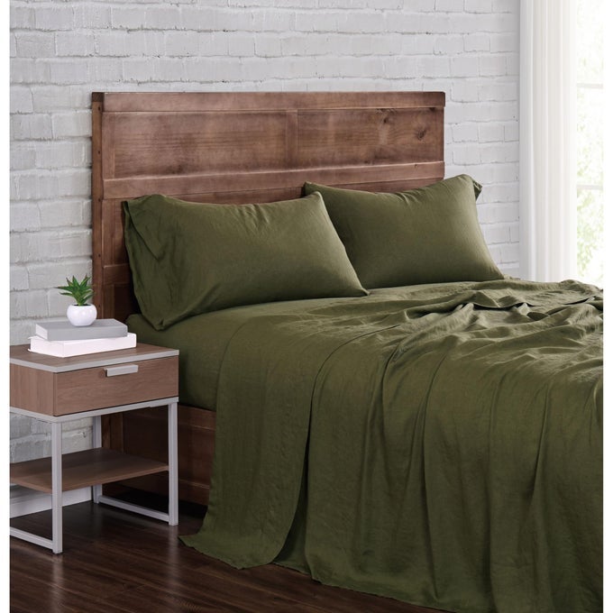 LINEN SHEETS OLIVE GREEN LINEN 4PIECE CALIFORNIA KING SHEET SET SOLID COLOR THEMED FOR MEN AND WOMEN OEKOTEX CERTIFIED CONFIDENCE