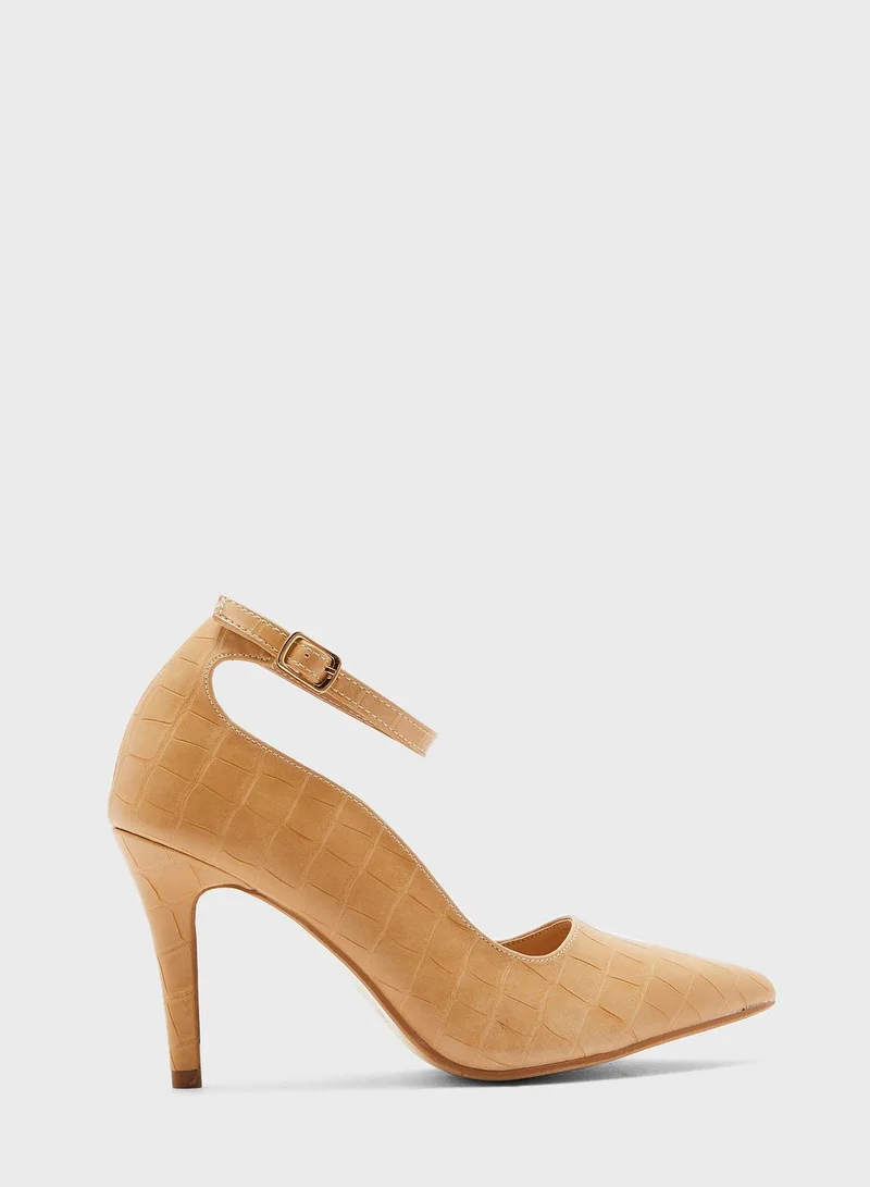Ginger Croc Effect Pointed Ankle Pump
