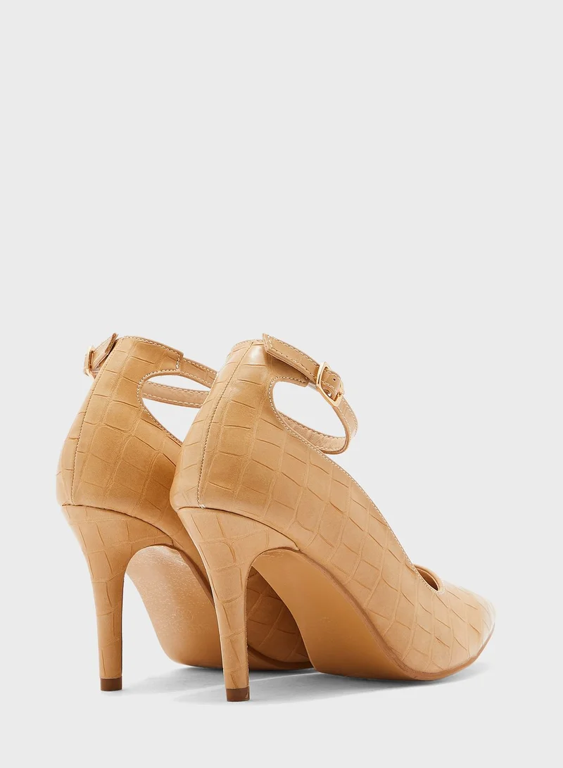 Ginger Croc Effect Pointed Ankle Pump