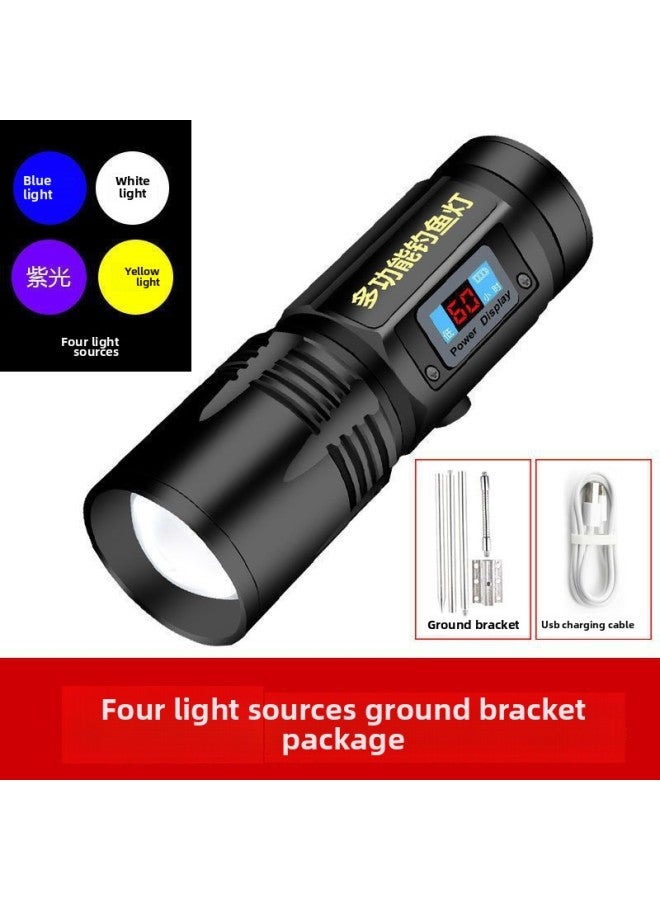 Four-light Source Zoom Fishing Lamp Purple Light Fishing Lamp Charged Display Strong Light Flashlight Charging High-power Night Fishing Lamp 99-Color:Black Hawk Quad 1-Floor Frame - Image 1