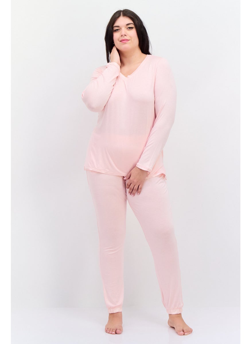 Kathy Ireland Women Plus Size 2 Pcs Plain Top And Bottom Pajama Set, Light Pink  - Image 1