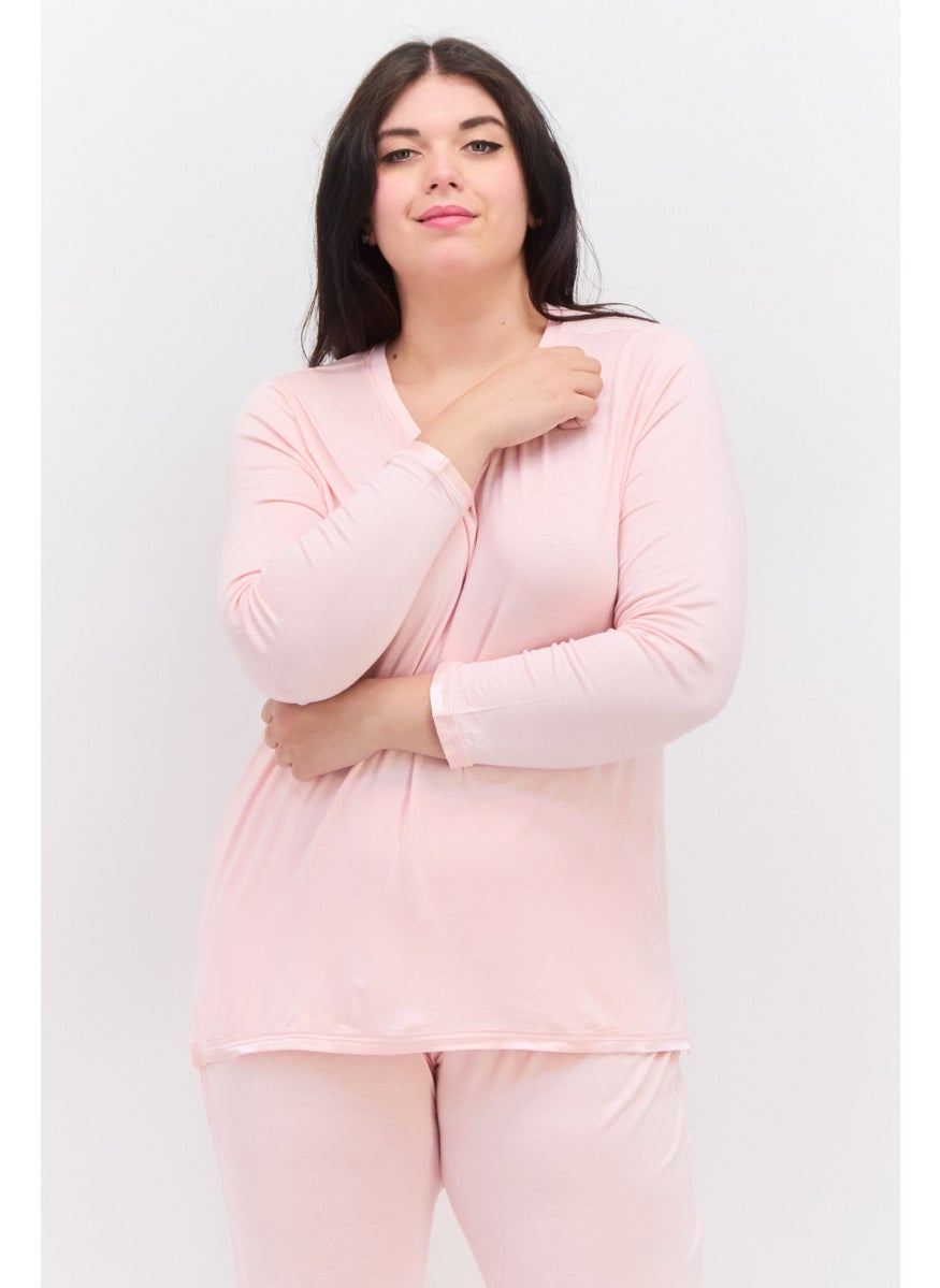 Kathy Ireland Women Plus Size 2 Pcs Plain Top And Bottom Pajama Set, Light Pink  - Image 2