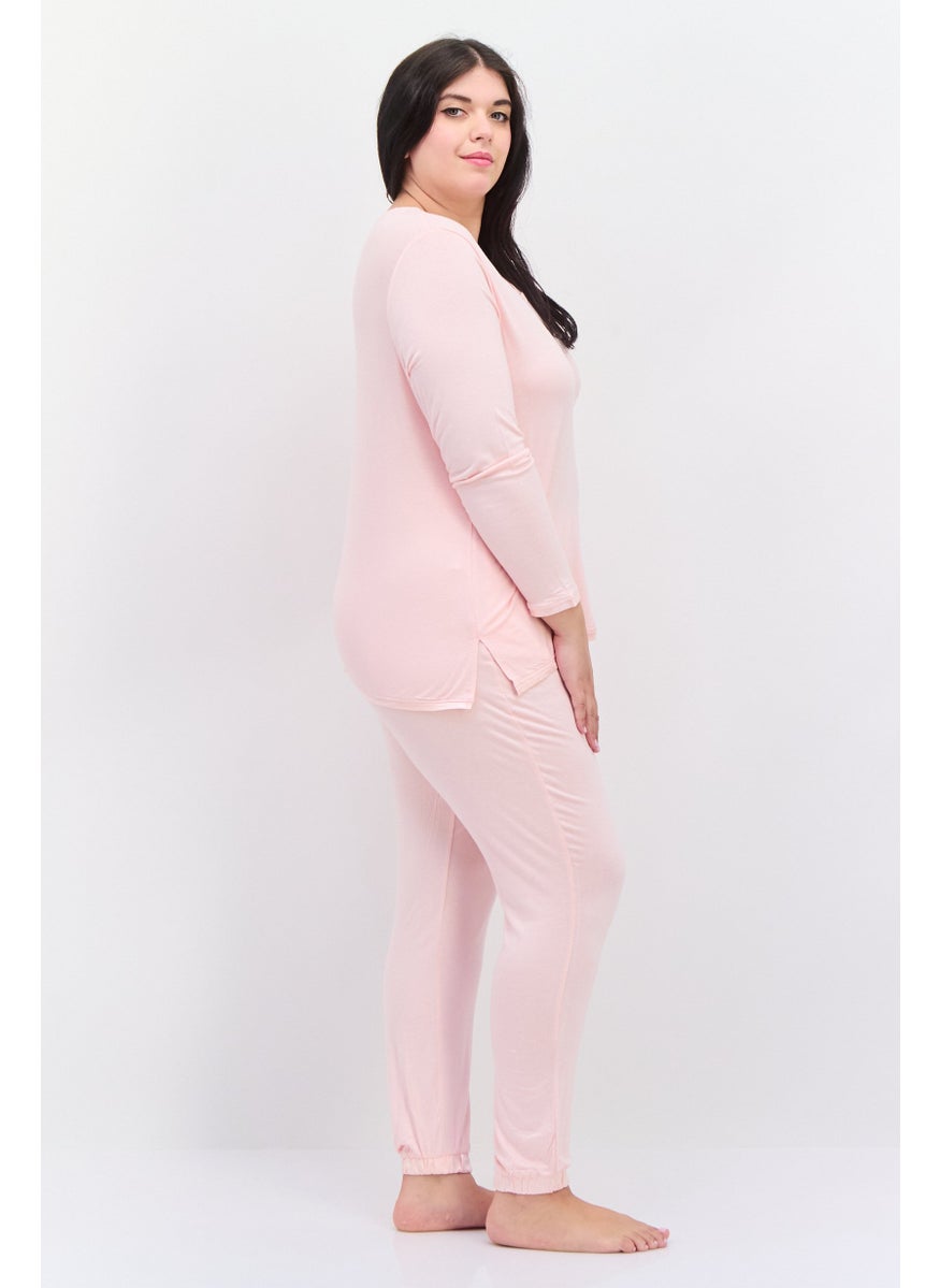 Kathy Ireland Women Plus Size 2 Pcs Plain Top And Bottom Pajama Set, Light Pink  - Image 3
