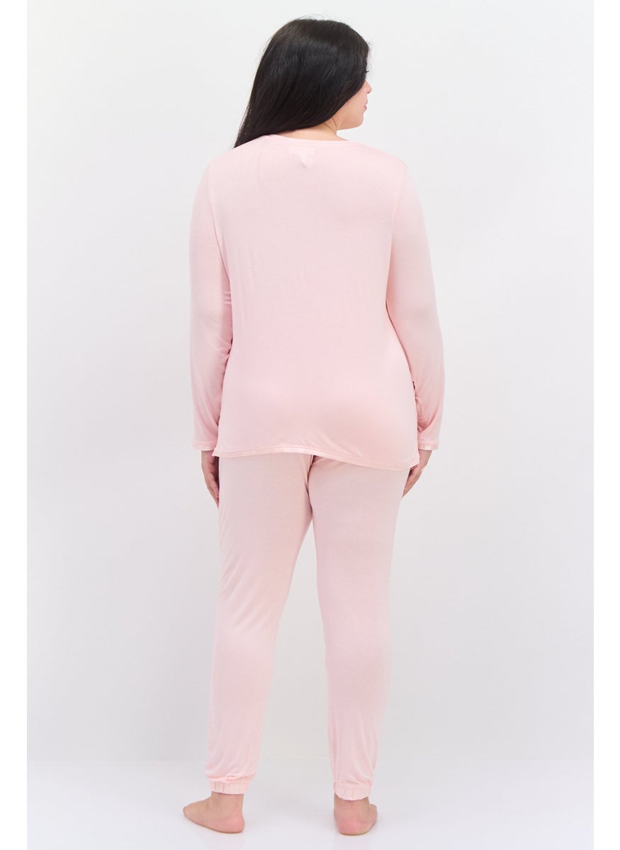 Kathy Ireland Women Plus Size 2 Pcs Plain Top And Bottom Pajama Set, Light Pink  - Image 4