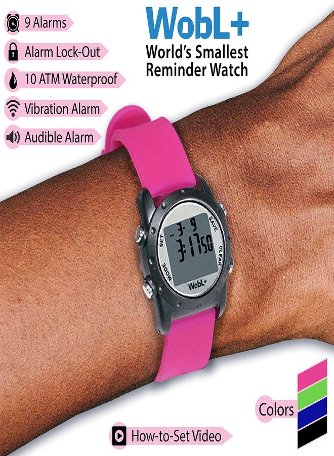 WobL+ World's Smallest & Best Waterproof Vibrating 9 Alarms + Countdown Timer Wristwatch (Pink) Sports/Medicine/Meeting/Potty Reminders - Image 3
