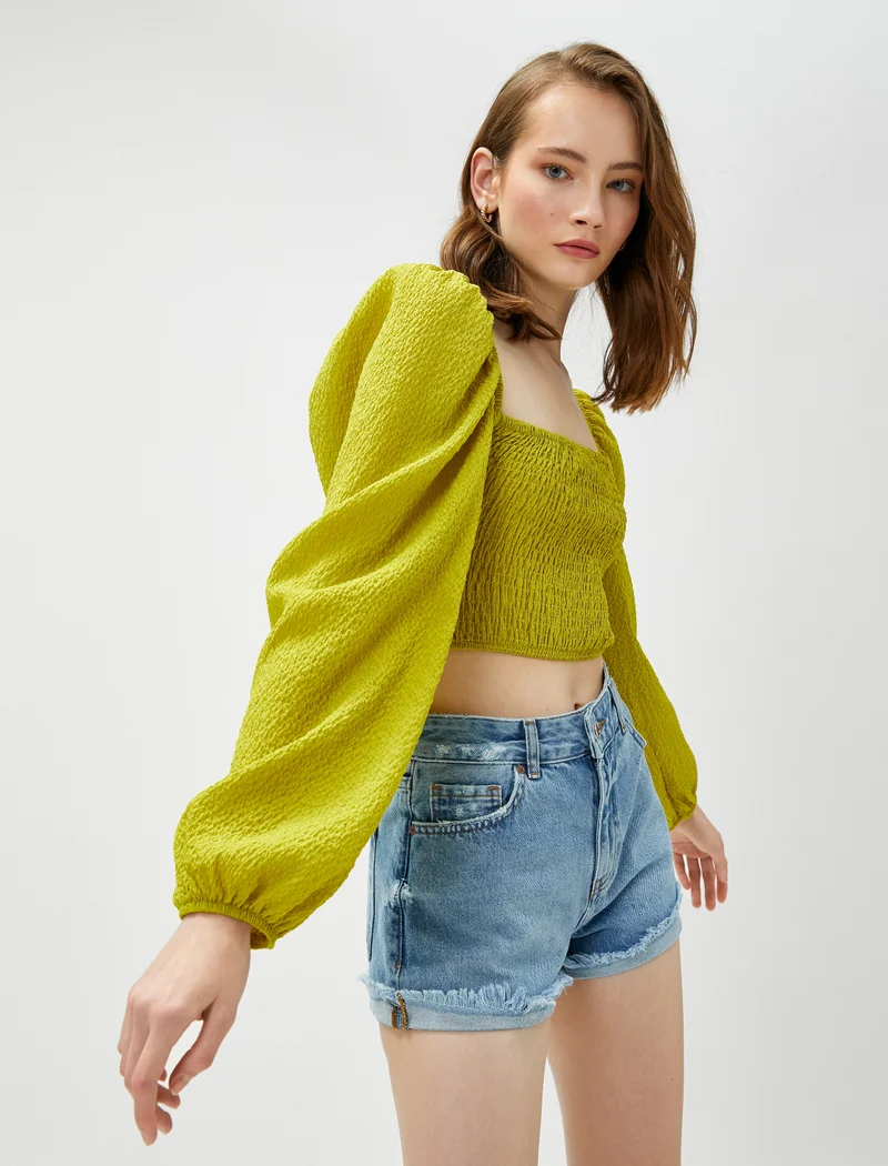 كوتون Puff Sleeve Square Neck Gimped Crop Blouse