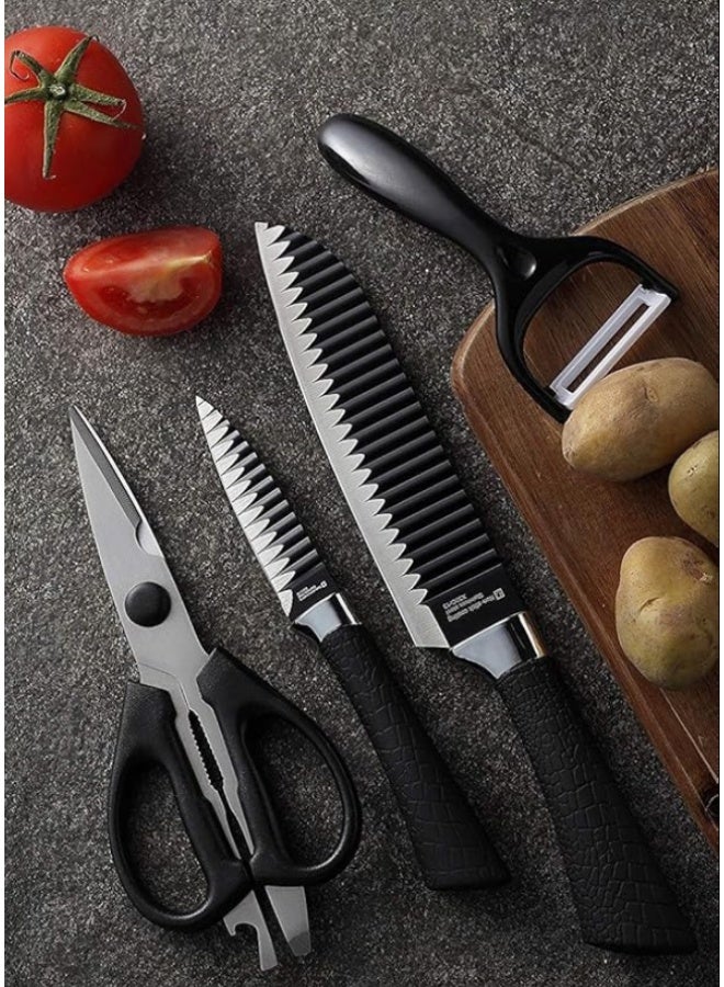 Kitchen Knife Set 6 Pcs includes a chopper, bread knife, paring knife, scissors, and ceramic peeler with sharp blades for cutting meat, vegetables, and fruits. | WIDGETS MATRIX - Image 5