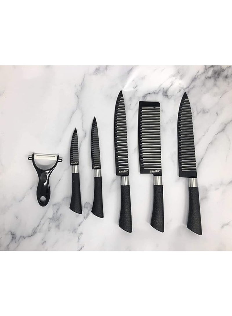 Kitchen Knife Set 6 Pcs includes a chopper, bread knife, paring knife, scissors, and ceramic peeler with sharp blades for cutting meat, vegetables, and fruits. | WIDGETS MATRIX - Image 1