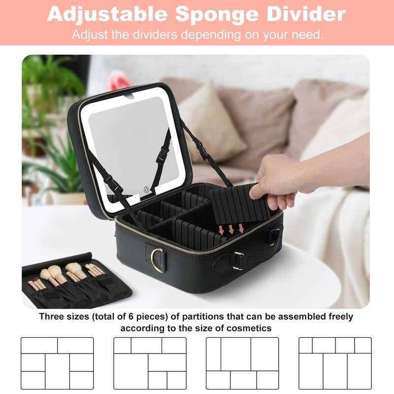 Mocado Travel Makeup Bag with LED Lighted Mirror,Travel Makeup Organizer,Makeup Case with 3 Color Lighted Setting and 10x Magnifying Mirror,Portable Storage and Adjustable Dividers Makeup Box(Black) - Image 4