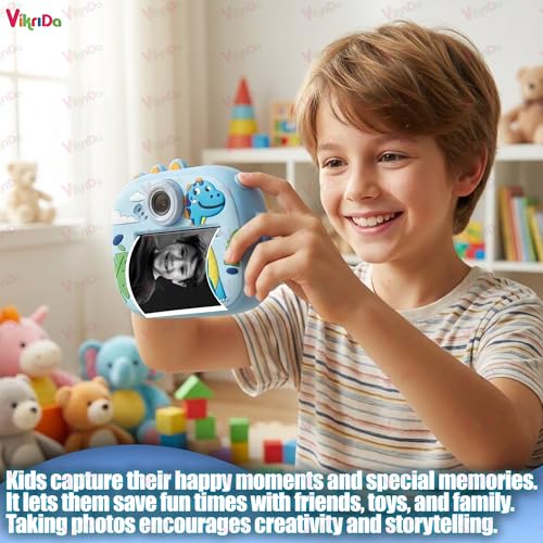 VikriDA Instant Print Camera for Kids | 1080P HD Digital Camera with Video Recording, Built-in Printer, Fun Filters & Stickers - Dino Instant Digital Camera - Image 3